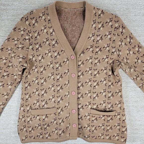 Vintage Floral Thick Knit Cardigan Womens L Mauve Tan Button Front Sweater - Picture 7 of 16